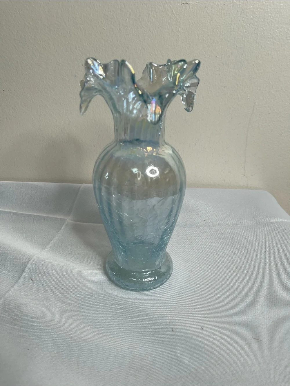 Vintage crackle Glass Ruffled Vase in Pale Blue by